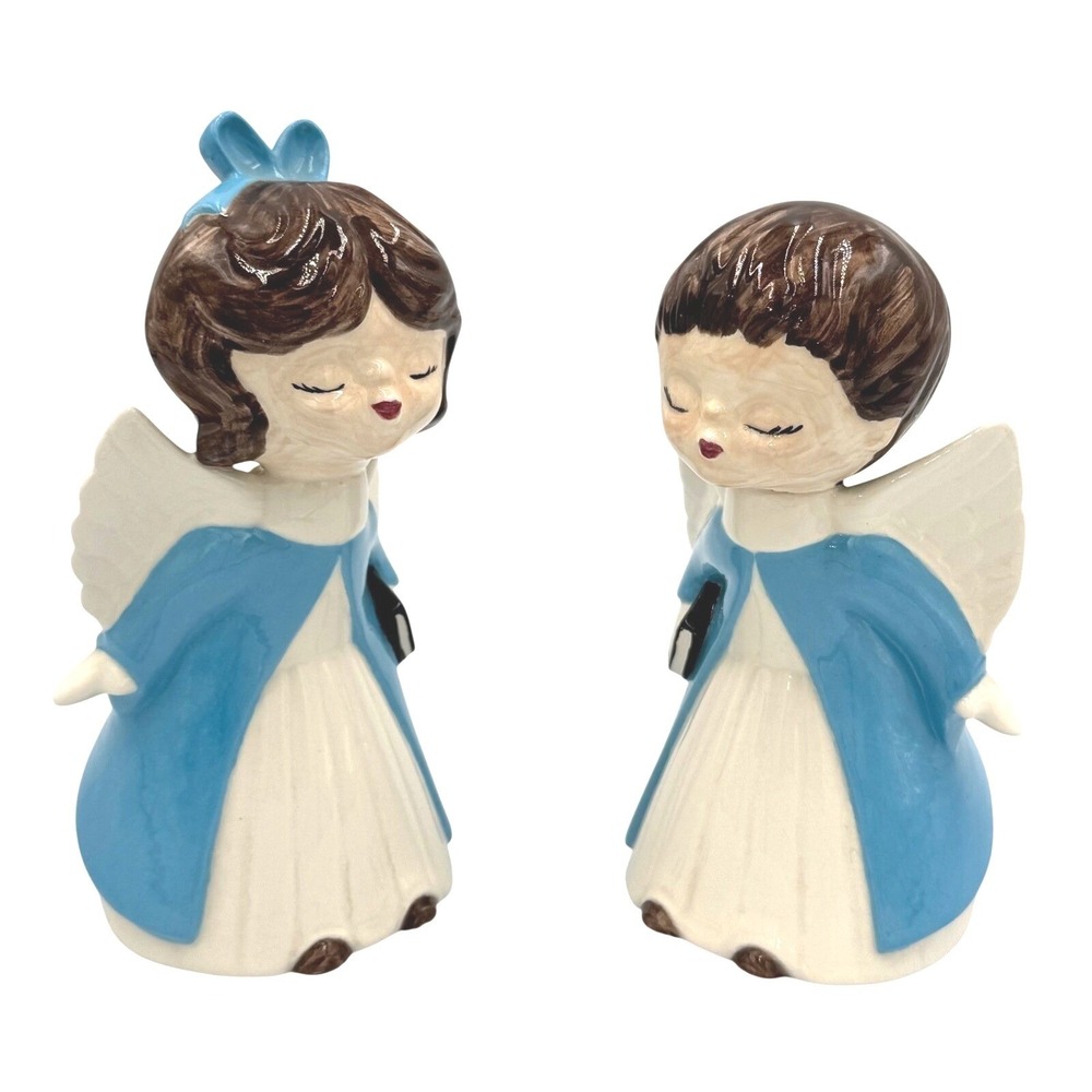 Vintage‎ 1979 Hand Painted Ceramic Angel Choir Figurines Blue White Set 2